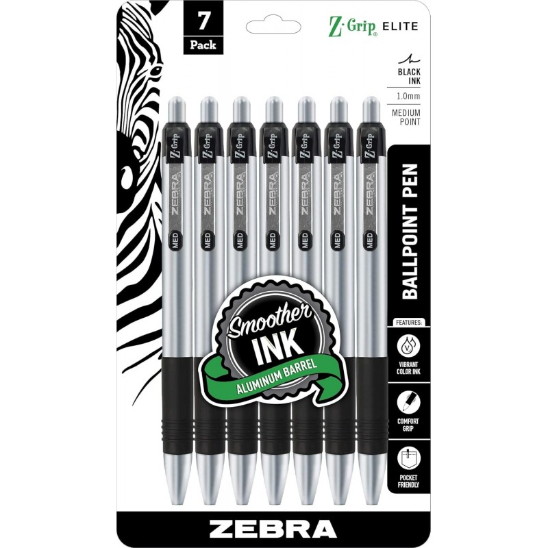 Zebra Pen Z-Grip Elite Druckkugelschreiber, Metallschaft, mittlere Spitze, 1,0 mm, schwarze Tinte, 7er-Pack (27617)