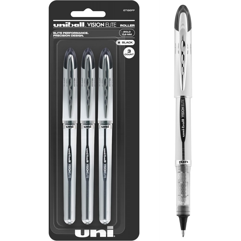 Uni-Ball Vision Elite Tintenroller, schwarze Stifte im 3er-Pack, kräftige Stifte mit 0,8-mm-Tinte, schwarzer Tintenstift, Stifte mit feiner Spitze und sanftem Schreibgefühl, Stifte in Großpackungen und Bürobedarf