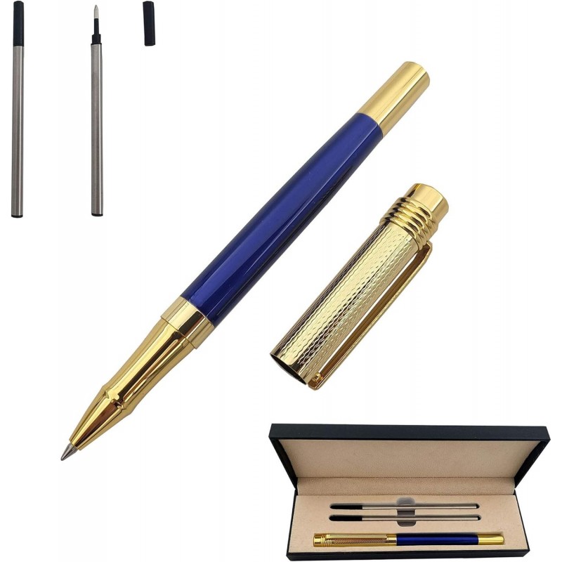 Tintenroller, Feinspitzer, Gelstift aus Metall, Business-Signatur-Stift mit 2 schwarzen 0,5-mm-Minen, sanft schreibender Stift für Männer und Frauen, stilvolle Geschenkbox (blau), 140 mm