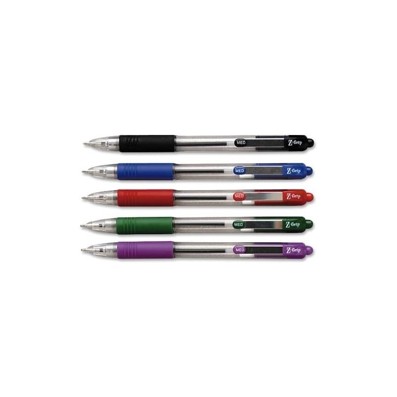 Zebra Pen Z-Grip Druckkugelschreiber – mittlere Spitze – 1 mm Spitze – schwarze, grüne, rote, violette und cyanfarbene Tinte – Schaft in verschiedenen Farben – 5 Stück/Set