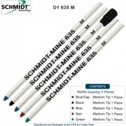 Schmidt 635 D1 Minen-Kugelschreibermine, blaue, schwarze, rote, grüne Tinte, mittlere Spitze 0,7 mm, 5er-Packung (inkl. 1 Kunststoff-Endkappe)