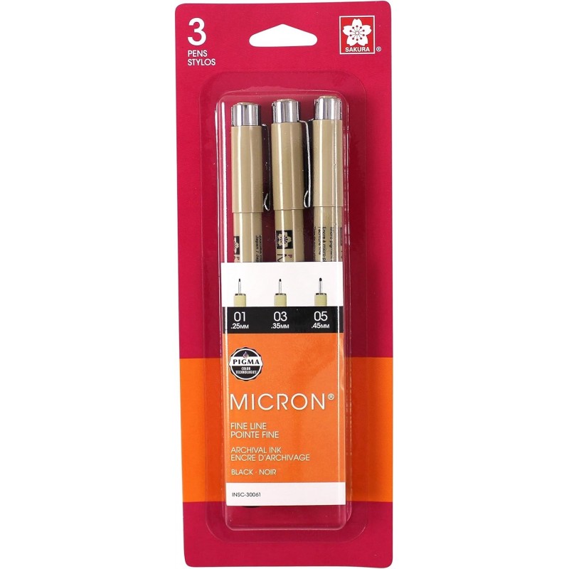 Sakura 30061 Pigma Micron Tintenstifte-Set, Blisterkarte, 3-teilig, Schwarz