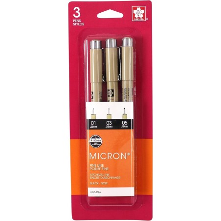 Sakura 30061 Pigma Micron Tintenstifte-Set, Blisterkarte, 3-teilig, Schwarz