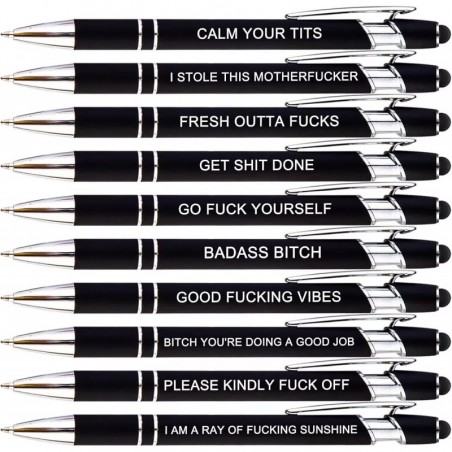 10-teiliges Fuck-Pen-Set, Schimpfwort-Stifte, Spaß-Stifte für Erwachsene, witzige Bürogeschenke, leicht schreibende Kugelschreiber mit Stylus-Spitzen, schwarze Tinte